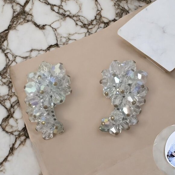 Vintage 1980's Silver-toned and Aurora Borealis Clip-On Earrings - Picture 1 of 4
